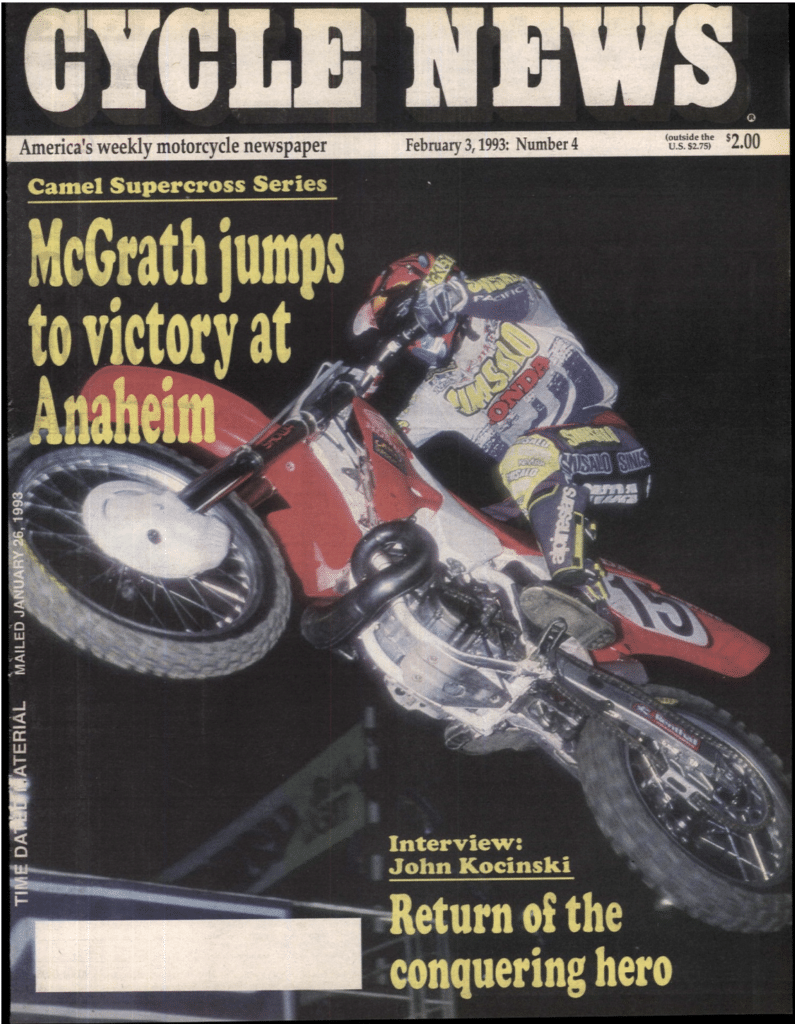 Jeremy McGrath on the cover of Cycle News after his first win in 1993